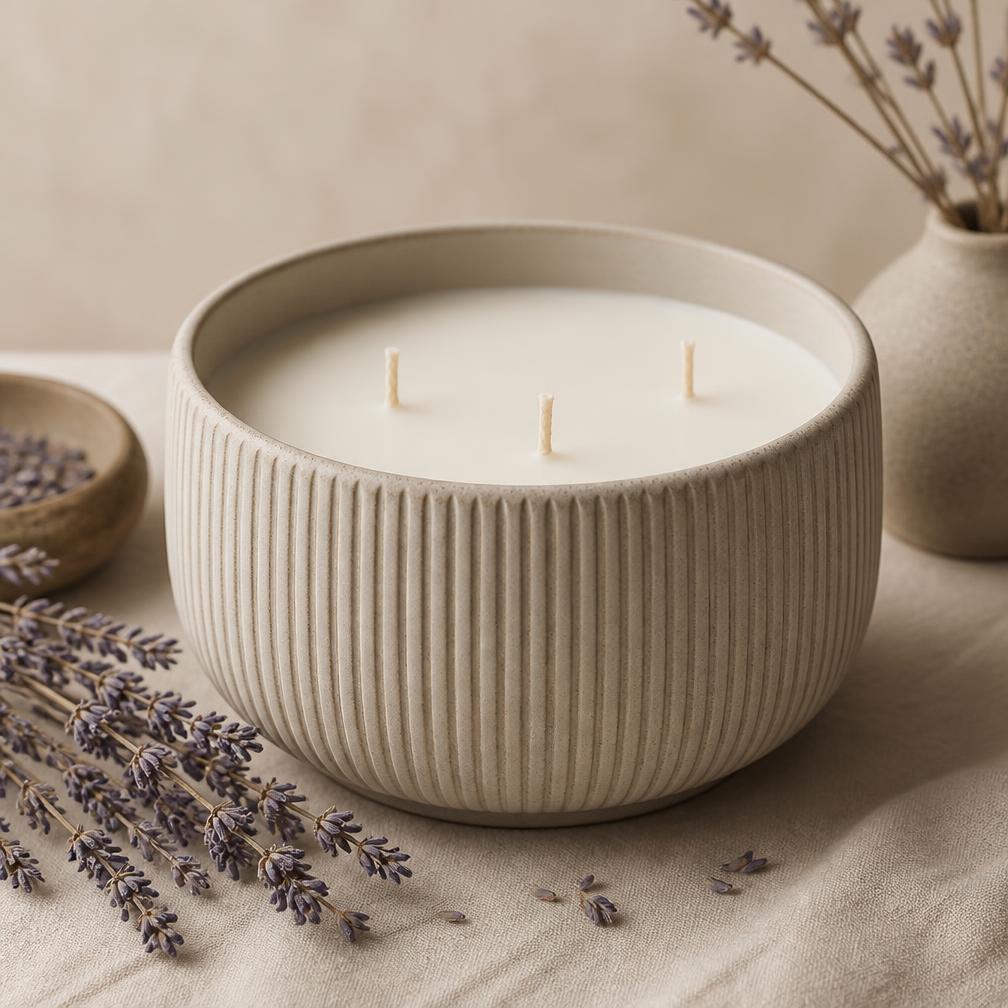 Candela a tre stoppini — Cera vegetale in vaso di ceramica rigata, fragranza mediterranea.