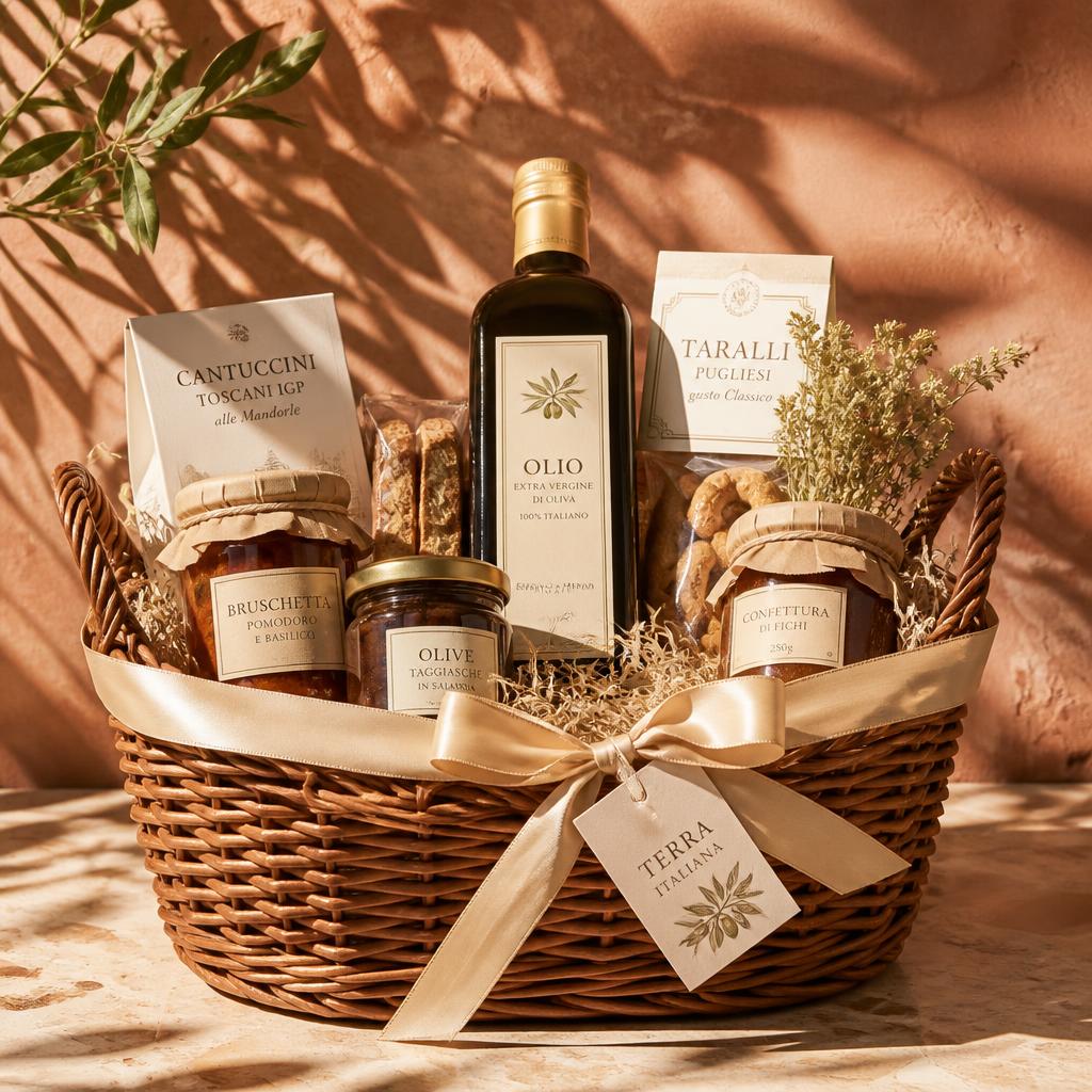 Cesto regalo gourmet Terra Italiana — Cesto in vimini con olio extravergine, confetture, taralli e biscotti, nastro in raso.