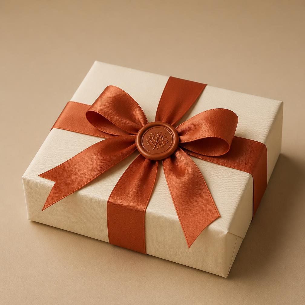 Cofanetto regalo con sigillo — Cartoncino avorio, nastro in raso e sigillo in cera, tre misure.
