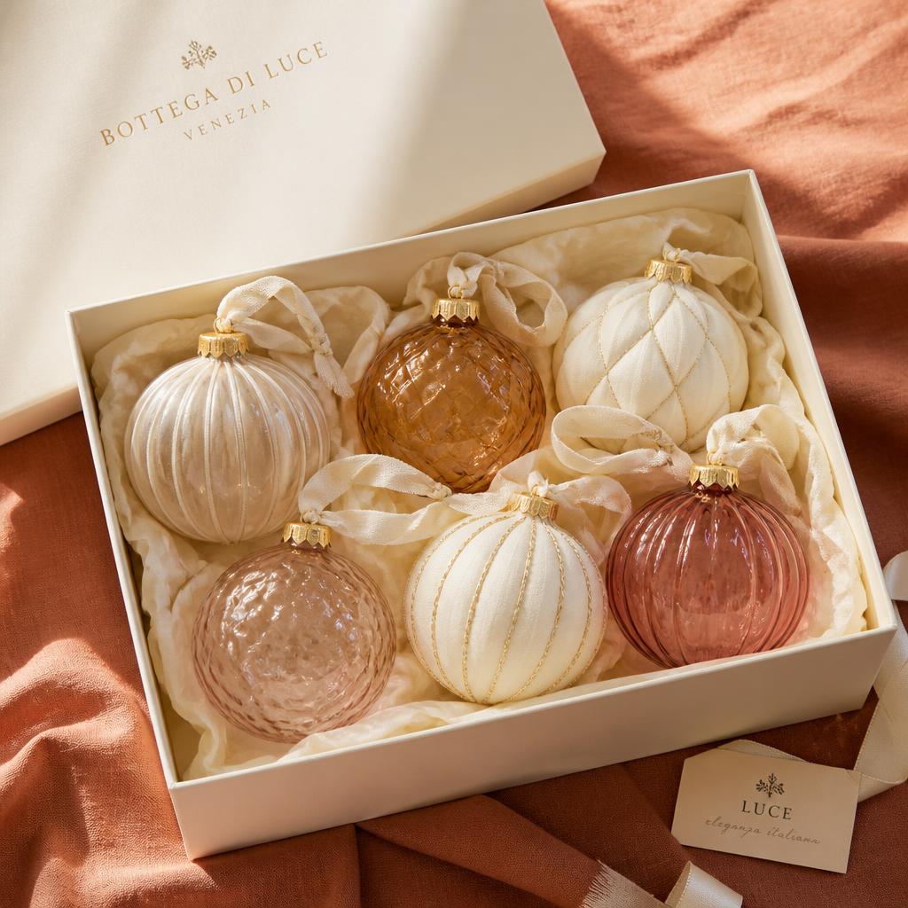 Set decorazioni stagionali — Sei pendenti coordinati in vetro e cotone, in scatola regalo.