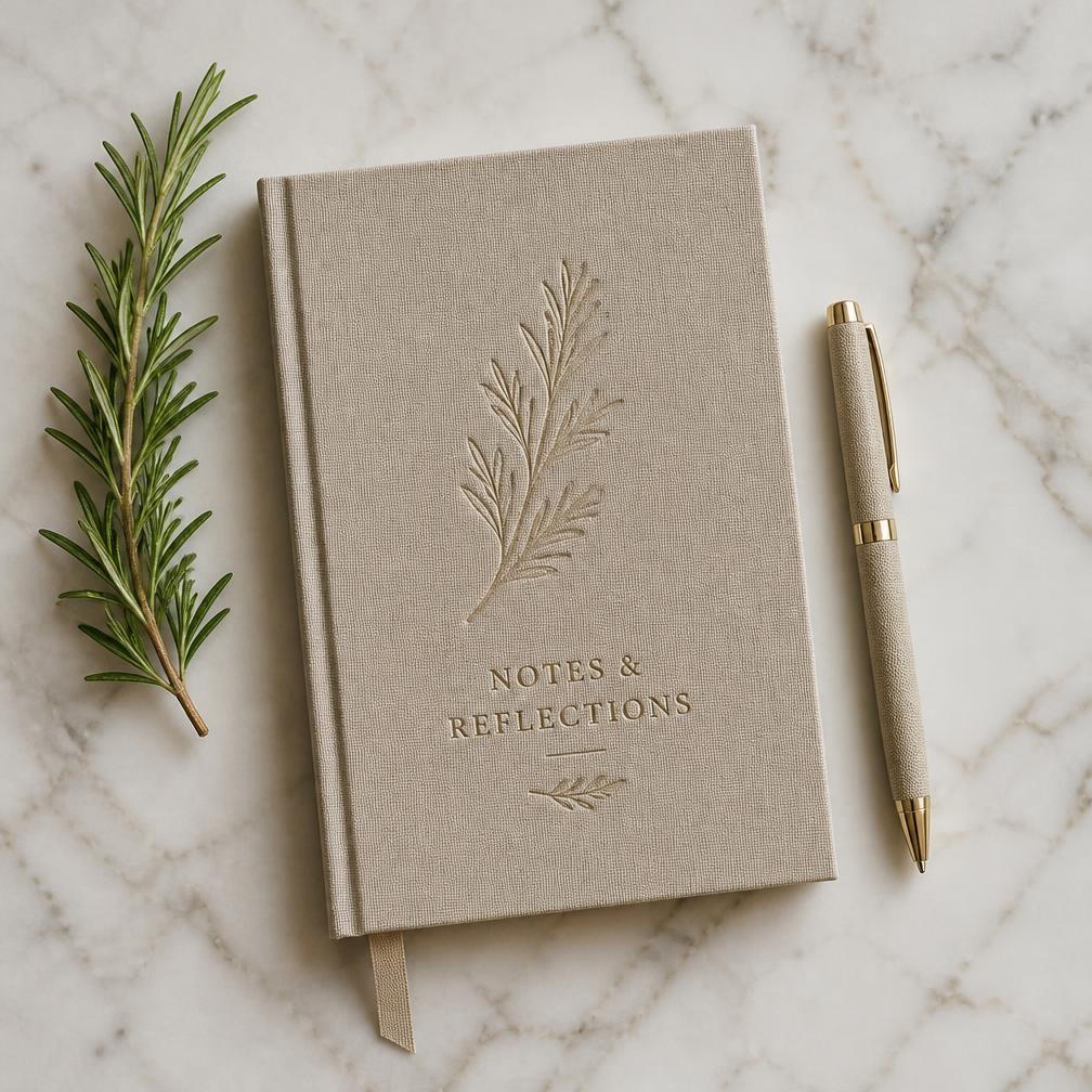 Quaderno rilegato in lino — Copertina goffrata, carta avoriata 100 g, penna coordinata.