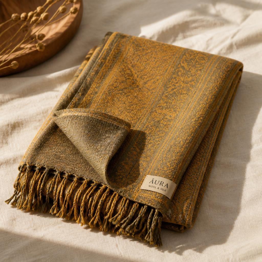 Sciarpa in lana e seta — Tessitura jacquard nei toni ocra e oliva, frange rifinite.