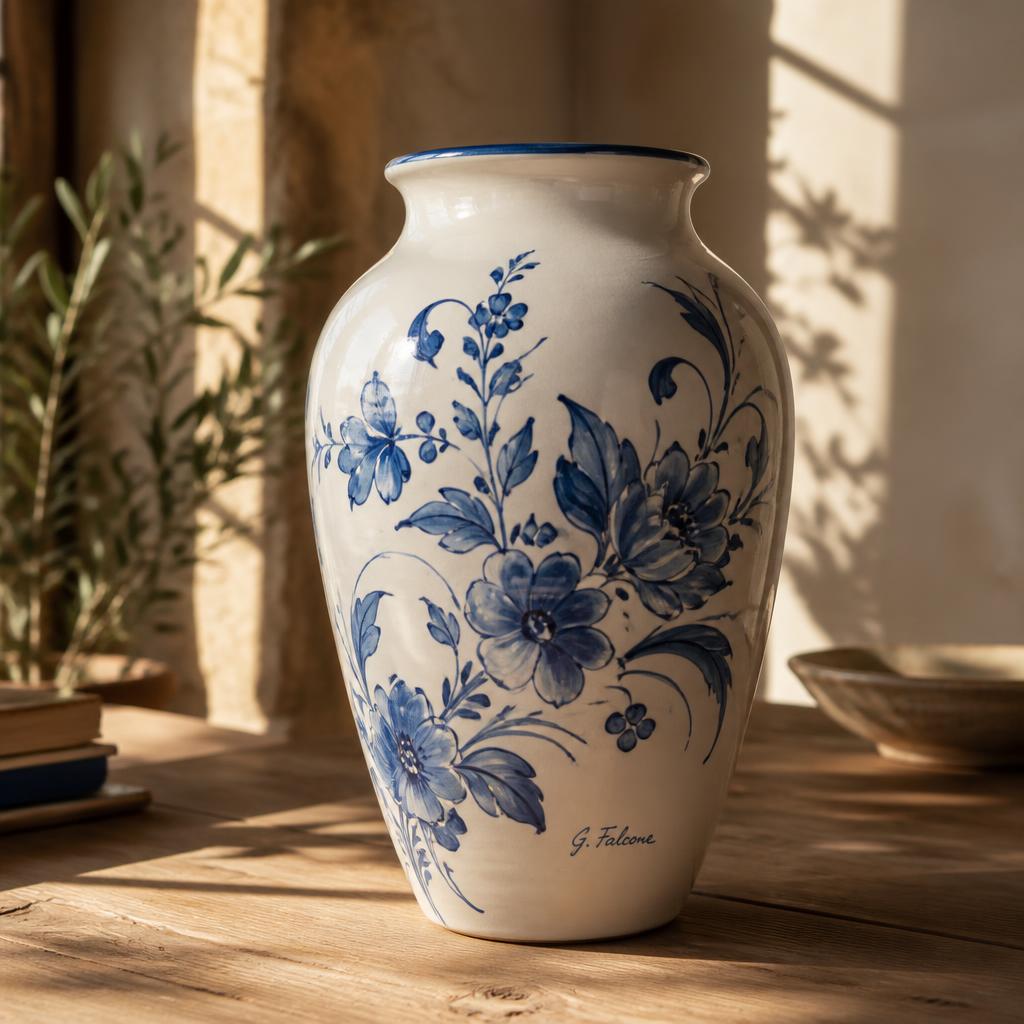 Vaso in ceramica decorato — Vaso di grandi dimensioni, decoro floreale blu su smalto bianco.